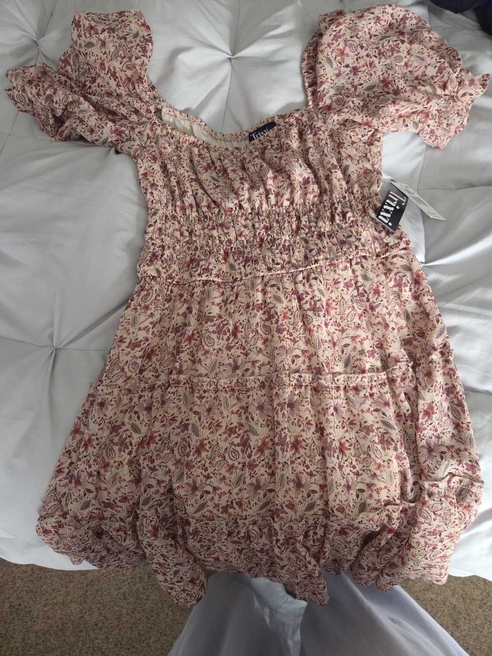 Trixxi Pink and Cream Floral Ruched Mini Dress